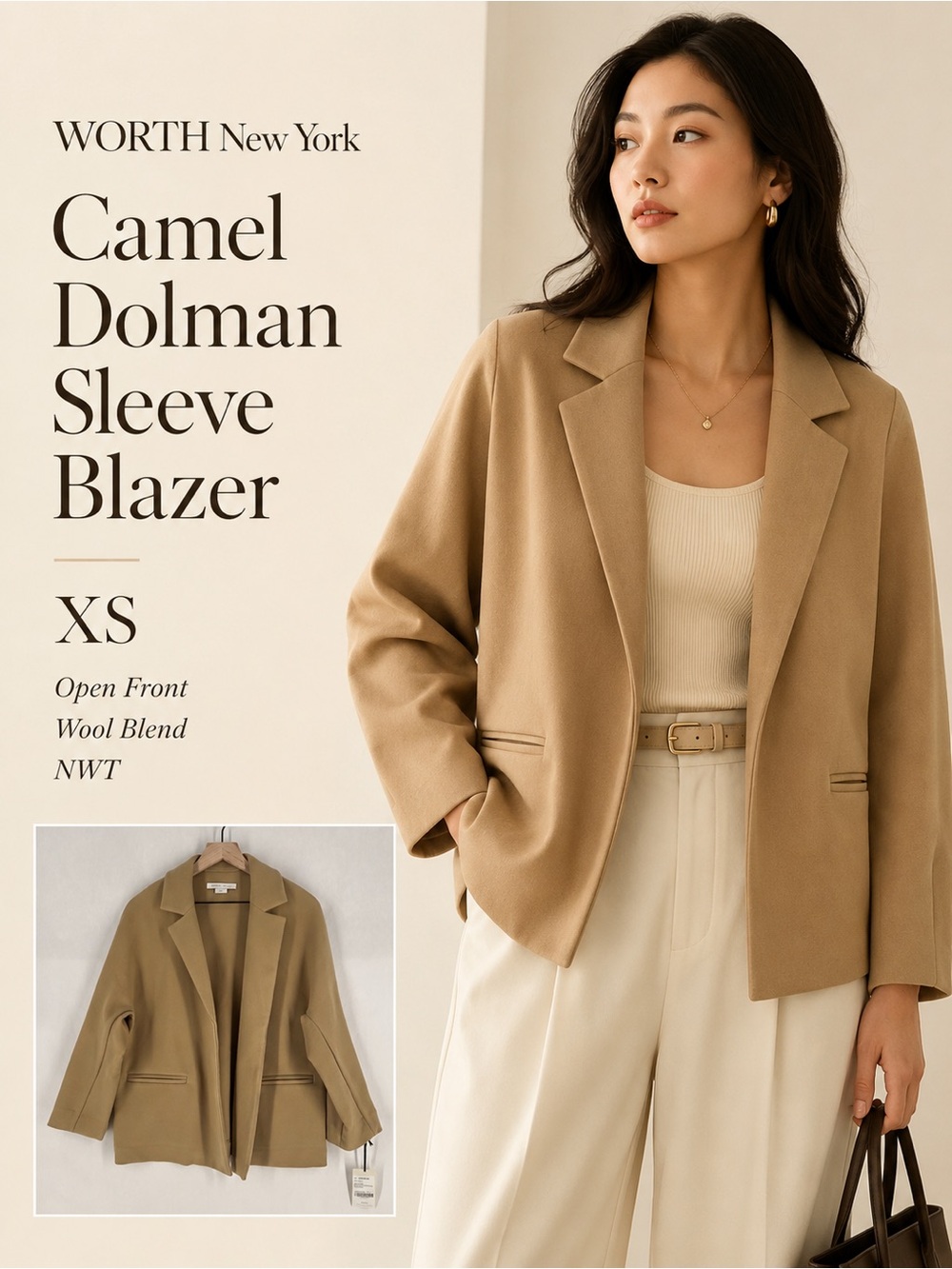 WORTH New York Camel Wool Blend Dolman‎ Sleeve Open Front Blazer NWT Size XS